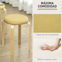 HOMCOM Juego de 4 Taburetes Redondos de Madera Apilables con Asiento Acolchado para Cocina Comedor Dormitorio Amarillo(m-5)