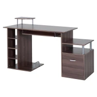HOMCOM Mesa para Computador 120cm Secretária para Escritório com Múltiplas Prateleiras Gavetas Bandeja de Teclado Suporte para Monitor Impressora e CPU 152x60x88cm Marrom(m-11)