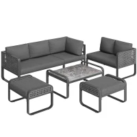 Set de lounge pentru grădină pentru 6-7 persoane, mobilier din ratan cu cadru din fier galvanizat și picioare reglabile, inclusiv perne de șezut și spătar, Gri(m-1)