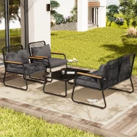 Set de lounge pentru grădină pentru 4 persoane, cu canapea dublă, 2 canapele individuale și 1 măsuță de cafea, Negru(m-6)