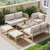 Set da giardino per 6-7 persone con struttura in ferro zincato e rattan, cuscini per seduta e schienale inclusi, 181x181x69 cm, Beige(m-6)