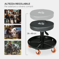 HOMCOM Sgabello da Officina con Ruote e Porta Attrezzi, Altezza Regolabile e Girevole, Ø40x25-48cm, Nero(m-5)