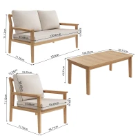 Ensemble de canapé d'extérieur en bois, ensemble de meubles de jardin pour 4-5 personnes avec 2 canapés individuels, 1 canapé double, 1 table, Couleur naturelle(m-3)
