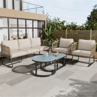 5-teiliges Garten-Lounge-Set mit Seil, verstellbare Füße, glatte Glas-Tischplatte, inklusive Sitz- und Rückenkissen, Beige(m-4)