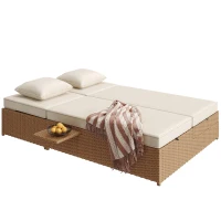 Lit double de jardin extérieur, chaise longue en rotin avec dossier réglable et coussins amovibles, 199x120x37 cm, Blanc(m-12)