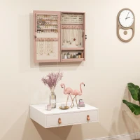 HOMCOM Espejo Joyero de Pared con Cerradura y Varios Compartimentos Montar en Pared o Puerta Rosa y Forro Beige(m-9)
