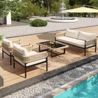 Ensemble de mobilier de jardin 4 pièces avec corde, canapé deux places, 2 fauteuils individuels et table basse, Beige(m-5)