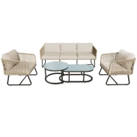 5-teiliges Garten-Lounge-Set mit Seil, verstellbare Füße, glatte Glas-Tischplatte, inklusive Sitz- und Rückenkissen, Beige(m-1)