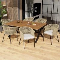 Set da pranzo da giardino 7 pezzi in rattan con 6 poltrone e tavolino, 140x80x76 cm, Beige(m-4)