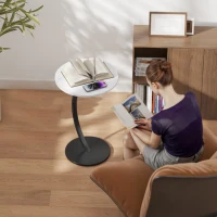 HOMCOM C Shaped Side Table, Round Bedside Table with Marble Effect Top, Modern Coffee Table Sofa End Table with Metal Frame for Living Room Bedroom Office, White(m-8)