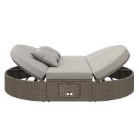 Rattan Doppel-Liege für 2 Personen, Outdoor Tagesbett mit verstellbarer Rückenlehne und seitlichem Regal, 199,9 x 140,5 x 41,9 cm, Grau(m-12)