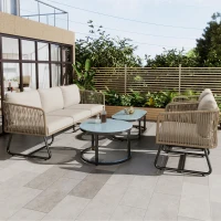 5-teiliges Garten-Lounge-Set mit Seil, verstellbare Füße, glatte Glas-Tischplatte, inklusive Sitz- und Rückenkissen, Beige(m-5)