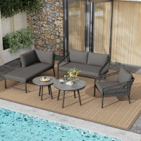 Ensemble de salon de jardin, ensemble de canapé d'extérieur moderne avec corde tissée à la main, incluant coussins de siège et de dossier, Gris(m-4)