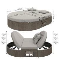 Rattan Doppel-Liege für 2 Personen, Outdoor Tagesbett mit verstellbarer Rückenlehne und seitlichem Regal, 199,9 x 140,5 x 41,9 cm, Grau(m-3)