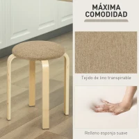 HOMCOM Juego de 4 Taburetes Redondos de Madera Apilables con Asiento Acolchado para Cocina Comedor Dormitorio Caqui(m-5)