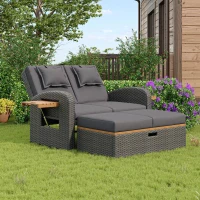 Set de fotolii lounge pentru grădină din ratan pentru 2 persoane, spătar reglabil, cu suport pentru picioare sau utilizabil ca pat de exterior, 120x74x95 cm, Gri(m-4)
