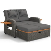 Set de fotolii lounge pentru grădină din ratan pentru 2 persoane, spătar reglabil, cu suport pentru picioare sau utilizabil ca pat de exterior, 120x74x95 cm, Gri(m-1)
