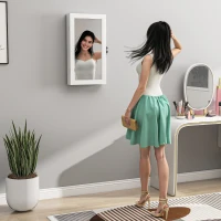 HOMCOM Espejo Joyero de Pared con Cerradura y Varios Compartimentos Montar en Pared o Puerta Blanco y Forro Crema(m-8)