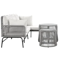 Ensemble de salon de jardin 6 pièces, corde tissée à la main avec cadre en fer, 2 fauteuils, 2 canapés 2 places et 2 tables, Gris(m-14)