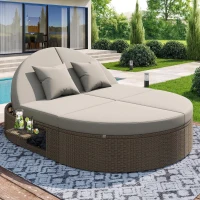 Rattan Doppel-Liege für 2 Personen, Outdoor Tagesbett mit verstellbarer Rückenlehne und seitlichem Regal, 199,9 x 140,5 x 41,9 cm, Grau(m-2)