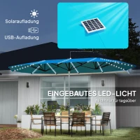 Outsunny Doppelschirm mit Solar-Lichtern, Aluminium, Polyester, UPF50+ Schutz, UV-beständig, Terrassenschirm, Blau(m-5)