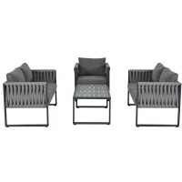 Garten-Loungestuhl-Set, mit Zweiersofa, 2 Einzelsofas und 1 Couchtisch, handgewebtem Seil, Grau(m-14)