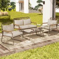 Juego de Salón de Jardín para 4 Personas con Sofá Doble 2 Sofás Individuales y 1 Mesa de Centro Beige(m-5)