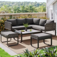 Set de lounge pentru grădină pentru 6-7 persoane, mobilier din ratan cu cadru din fier galvanizat și picioare reglabile, inclusiv perne de șezut și spătar, Gri(m-4)
