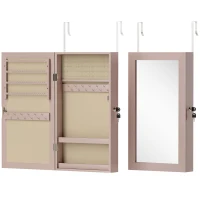 HOMCOM Espejo Joyero de Pared con Cerradura y Varios Compartimentos Montar en Pared o Puerta Rosa y Forro Beige(m-1)