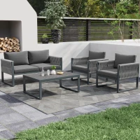 Garten-Loungestuhl-Set, mit Zweiersofa, 2 Einzelsofas und 1 Couchtisch, handgewebtem Seil, Grau(m-4)