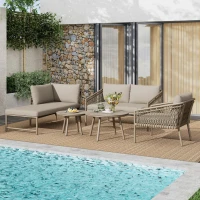 Ensemble de salon de jardin, ensemble de canapé d'extérieur moderne avec corde tissée à la main, incluant coussins de siège et de dossier, Kaki(m-4)