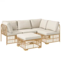 Outsunny 5-delige Tuinmeubelset, 2 Hoekstoelen, 2 Middelstoelen, Voetenbank, Zitkussens, Rugkussens, Lichtbruin+Cremewit(m-1)