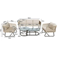5-teiliges Garten-Lounge-Set mit Seil, verstellbare Füße, glatte Glas-Tischplatte, inklusive Sitz- und Rückenkissen, Beige(m-3)