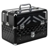 HOMCOM Estojo de Maquilhagem Organizador de Cosméticos Portátil com Múltiplos Níveis Alça e Bandejas 30x18,5x22 cm Preto e Transparente(m-1)