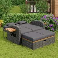 Set de fotolii lounge pentru grădină din ratan pentru 2 persoane, spătar reglabil, cu suport pentru picioare sau utilizabil ca pat de exterior, 120x74x95 cm, Gri(m-5)