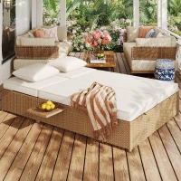 Lit double de jardin extérieur, chaise longue en rotin avec dossier réglable et coussins amovibles, 199x120x37 cm, Blanc(m-4)