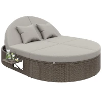 Rattan Doppel-Liege für 2 Personen, Outdoor Tagesbett mit verstellbarer Rückenlehne und seitlichem Regal, 199,9 x 140,5 x 41,9 cm, Grau(m-1)