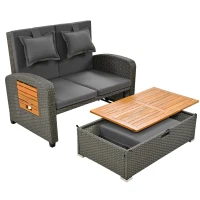Set de fotolii lounge pentru grădină din ratan pentru 2 persoane, spătar reglabil, cu suport pentru picioare sau utilizabil ca pat de exterior, 120x74x95 cm, Gri(m-6)