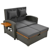 Set de fotolii lounge pentru grădină din ratan pentru 2 persoane, spătar reglabil, cu suport pentru picioare sau utilizabil ca pat de exterior, 120x74x95 cm, Gri(m-13)