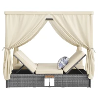 Cama Doble de Jardín con Cortina de Sombra Tumbona de Ratán con Respaldo Ajustable y Mesa Auxiliar Desmontable 187x 128x 186 Cm Beige(m-12)