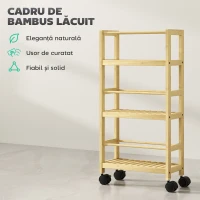HOMCOM Cărucior de Baie cu 3 Niveluri cu Lamele și Roți 36x15x73 cm Culoare Lemn(m-6)