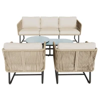 5-teiliges Garten-Lounge-Set mit Seil, verstellbare Füße, glatte Glas-Tischplatte, inklusive Sitz- und Rückenkissen, Beige(m-15)