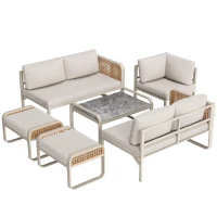 Set da giardino per 6-7 persone con struttura in ferro zincato e rattan, cuscini per seduta e schienale inclusi, 181x181x69 cm, Beige(m-13)
