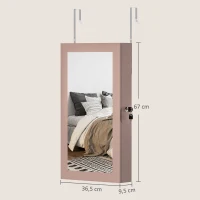 HOMCOM Espejo Joyero de Pared con Cerradura y Varios Compartimentos Montar en Pared o Puerta Rosa y Forro Beige(m-3)