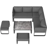 Set de lounge pentru grădină pentru 6-7 persoane, mobilier din ratan cu cadru din fier galvanizat și picioare reglabile, inclusiv perne de șezut și spătar, Gri(m-13)