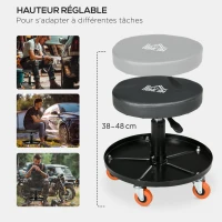 HOMCOM Tabouret de mécanicien siège pivotant hauteur réglable plateau de 100 kg pour le garage et la réparation automobile noir(m-5)