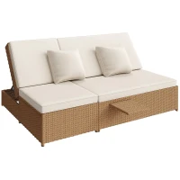 Lit double de jardin extérieur, chaise longue en rotin avec dossier réglable et coussins amovibles, 199x120x37 cm, Blanc(m-11)