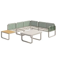 Ensemble de salon de jardin 4-5 places, ensemble de meubles de jardin en cuir vert et rotin avec table en verre trempé, Abricot(m-8)