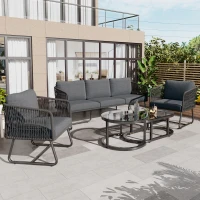 Ensemble de salon de jardin 5 pièces avec corde, pieds réglables, plateau de table en verre lisse, coussins de siège et de dossier inclus, Gris(m-1)