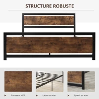 HOMCOM Cadre de lit double en acier avec sommier et tête de lit compatible matelas 200 x 160 cm aspect bois foncé(m-4)